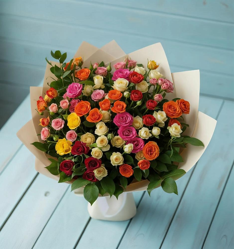 Букет Микс из разноцветных кустовых роз в Камских Полянах
