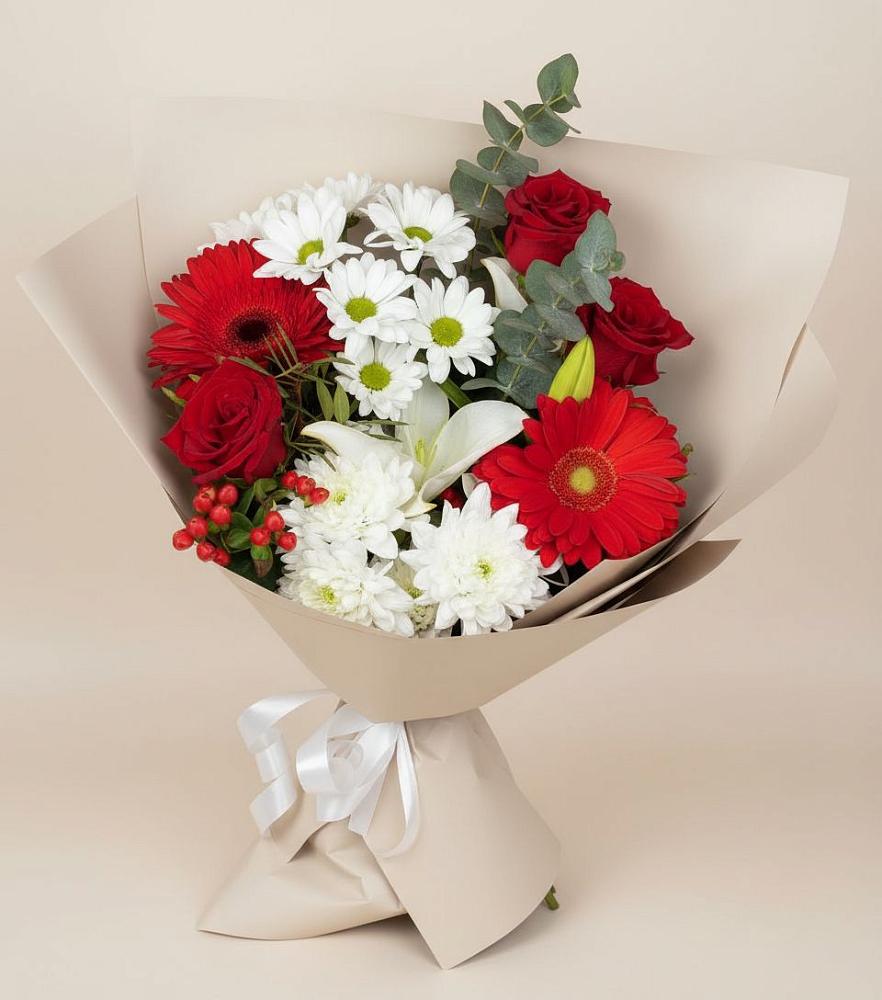Букет цветов из: Розы, Хризантемы, Герберы и Лилии в Камских Полянах