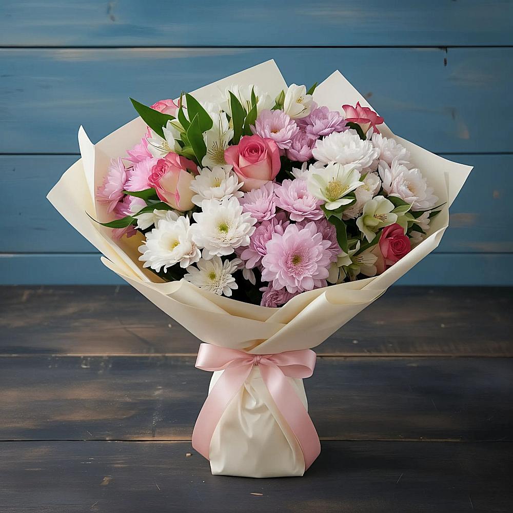 Букет цветов из: Хризантемы, Альстромерии и Розы в Камских Полянах